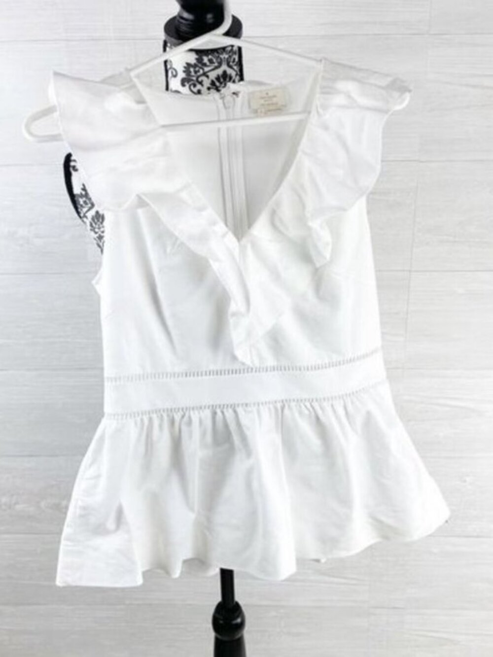 Kate Spade White Ruffle V-Neck Peplum Top Ladder Lace Trim Size 6 - Picture 7 of 8